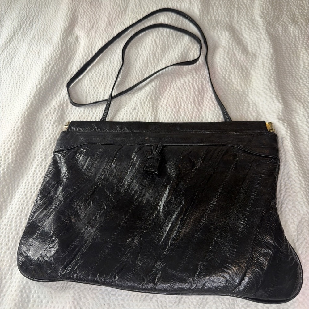 Vintage Black Eel Skin Leather Clutch Purse‎ Shoulder Bag Korea